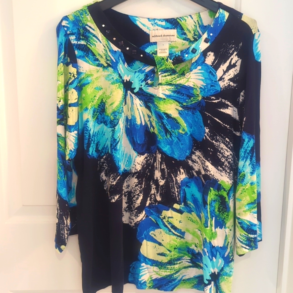 Alfred Dunner Blue And Green Gem Embellished Blouse With Cutouts At The Collar
